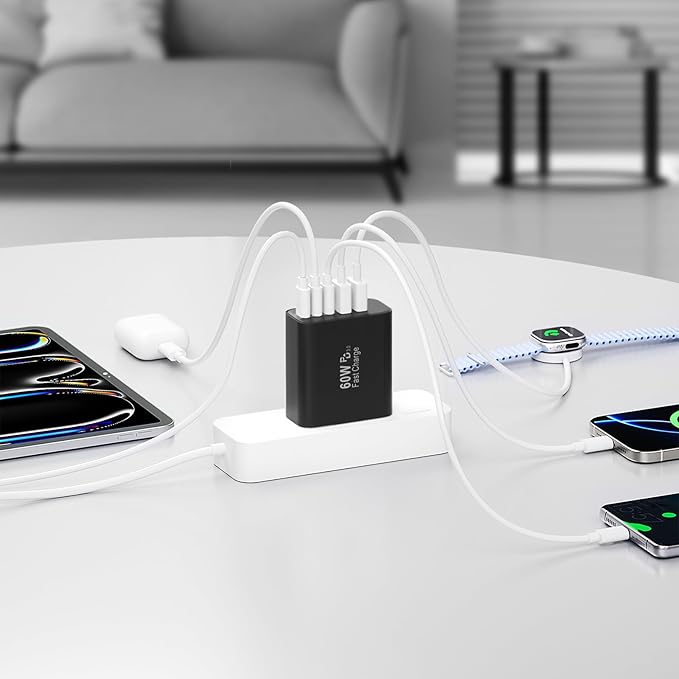 USB C Charger Block, 60W 5-Port Type C Charger Fast Charging Block, USBC USB Multiple Port Wall Charger Plug Adapter for iPhone 17/Air/16/15/14/13/12/11 Pro Max, Samsung Galaxy, iPad, Tablet (Black)