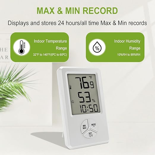 Urageuxy Digital Hygrometer Indoor Thermometer Humidity Meter with Temperature and Humidity Room Thermometer with Time Alarm Clock for Home, Bedroom, Baby Room, Office, Greenhouse, Cellar