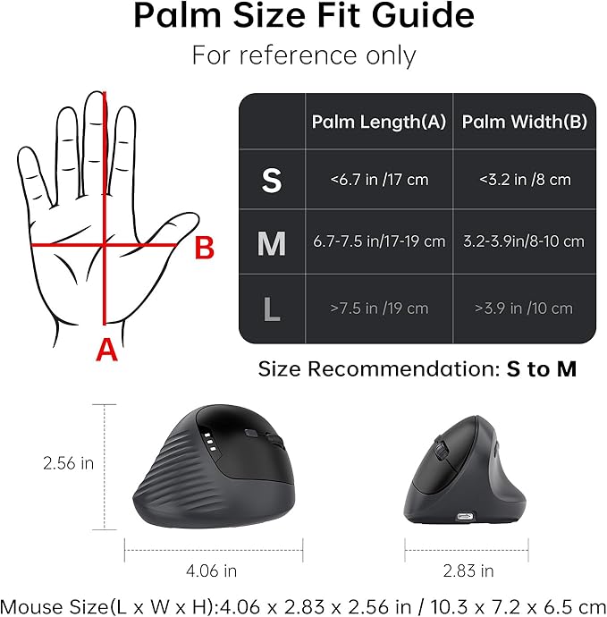PYP Ergonomic Vertical Wireless Mouse, Bluetooth 5.2/5.0 & 2.4G Tri-Mode, Type-C Rechargeable with Power Display, 6-Level Adjustable 8,000 DPI, Lightweight Quiet Click for Laptop Mac - Matte Black