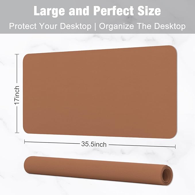 Hsurbtra Desk Pad, 35.5" x 17" PU Leather Desk Mat, XXL Extended Mouse Pad, Waterproof Desktop Blotter Protector, Non-Slip Ultra Thin Large Laptop Keyboard Writing Mat for Office Home, Dark Apricot