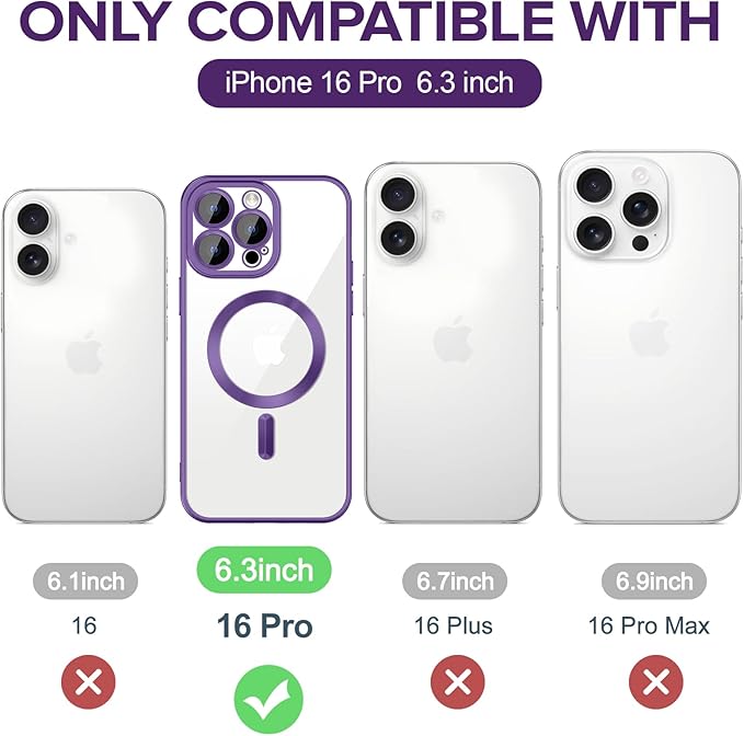Hython Magnetic Clear for iPhone 16 Pro Case with Camera Lens Protector [Compatible with MagSafe] Luxury Plating Edge Slim Soft TPU Cover Protective Phone Case for iPhone 16 Pro 6.3", Matte Purple
