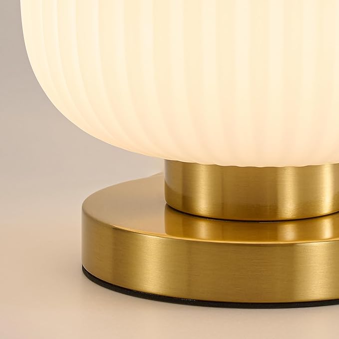 Globe Glass Mid Century Lamp: 7.9" Dimmable Milky White Brass Small Plug in Table Lamps - Vintage Cute Bedroom Ambient Bedside Nightstand Lamp - Modern Entryway Desk Shelf Gold Decorative Ribbed Lamps