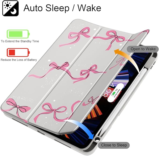 May Chen for iPad Pro 13 Inch Case M5 2025 / M4 2024, Built Pencil Holder & Clear Transparent Print Back Shell Slim Stand Shockproof Tablet Cover, Auto Wake/Sleep, Khaki Bows