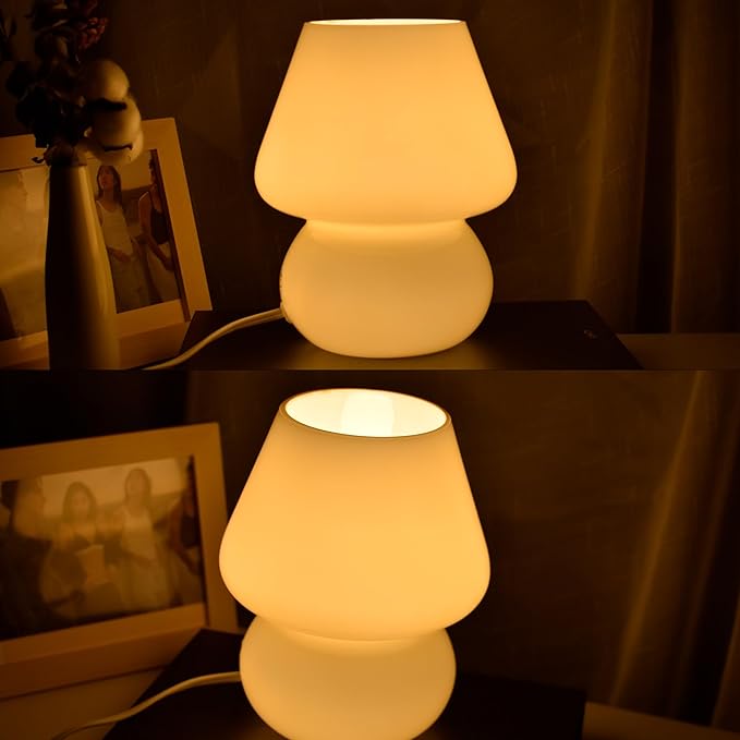 BSOD Mushroom Lamp,Vintage Glass Mushroom Bedside Table Lamps Yellow Murano Style Small Nightstand Desklamp Swirl Light for Home Decor, Dining, Living, Bedroom, Gift (Bright Yellow)