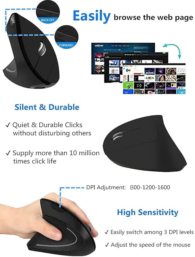 Ergonomic Left-Handed Wireless Vertical Mouse, 2.4G, 3 Adjustable DPI (800/1200/1600), Specially for Left Handers