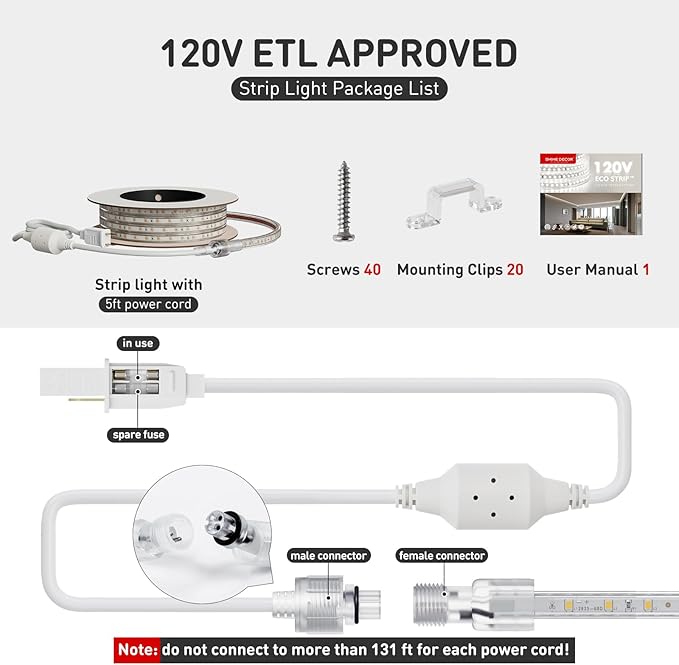 Shine Decor LED Strip Light Easy Connectable, 6000K Cool White Cold Resist Weatherproof Plug-in for Indoor Outdoor, 101 LM/FT Dimmable Bright Eco Rope Lighting 32FT, 120V Whole Set ETL Listed