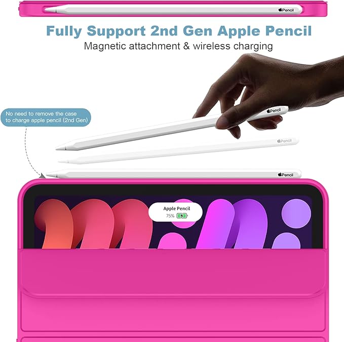 iMieet iPad mini 7 Case 2024 (A17 Pro), iPad mini 6 Case (8.3-Inch,2021 Model), iPad mini 7th/6th Generation Case with Pencil Holder, Trifold Stand Smart Case with Soft TPU Back,Rose Red