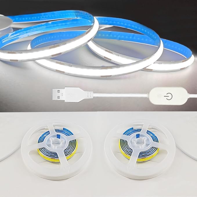 ZSLAIFU A 5V USB LED Light Strip, COB LED Strip Lights, White 5V LED Lights, Small LED Strip Light, TV Lights for TV Under Cabinet Kitchen Living Room Shelving or Displays (White, 3.28FT x2)