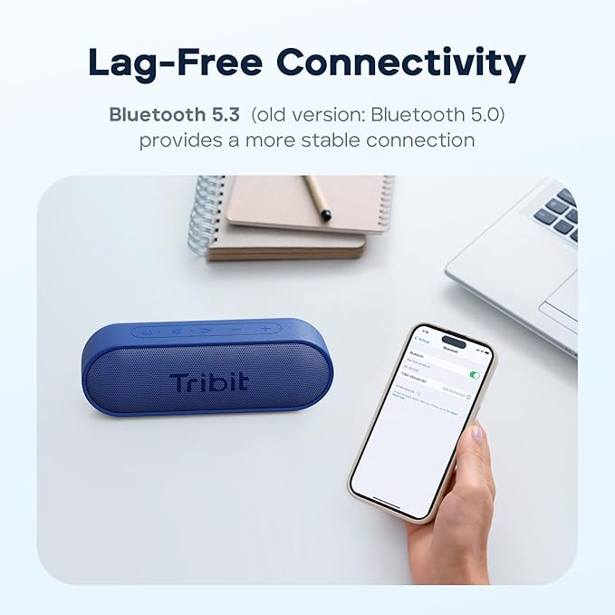 Tribit XSound Go Bluetooth Speaker with 16W Loud Sound & Rich Bass, 24H Playtime, IPX7 Waterproof, Wireless Stereo Pairing, USB-C, Portable Wireless Speaker for Home, Outdoors, Travel (Blue)