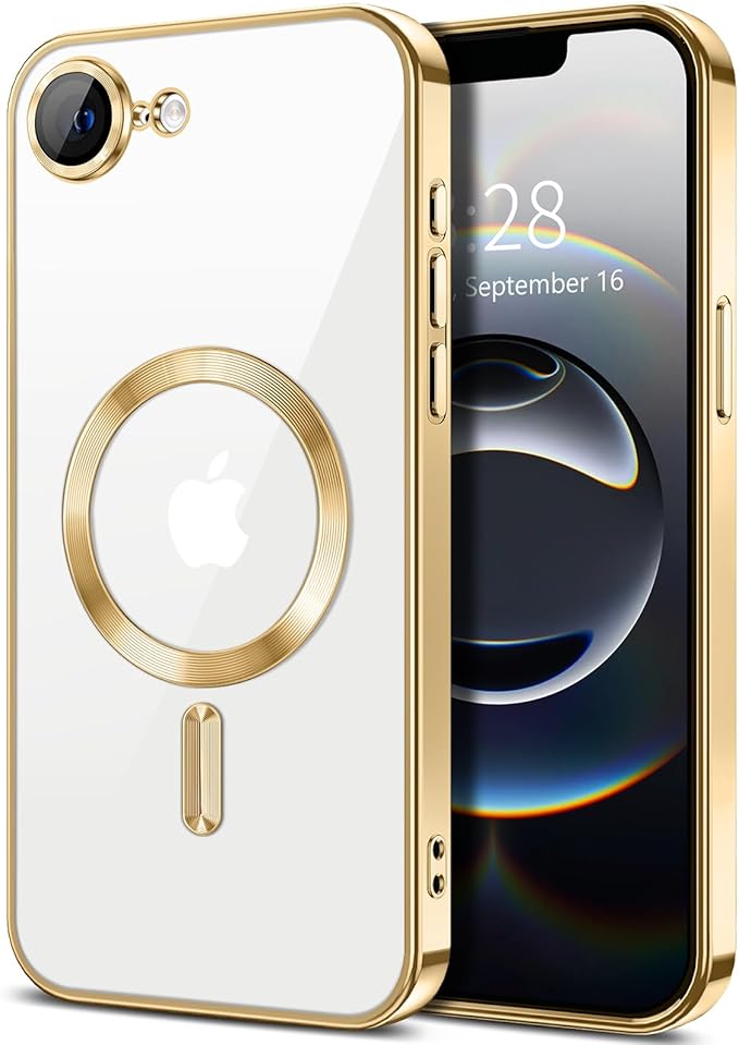 Hython Magnetic Clear for iPhone 16e Case with Camera Lens Protector [Compatible with MagSafe] Luxury Plating Edge Slim Soft TPU Cover Protective Phone Case for iPhone 16e 6.1", Gold