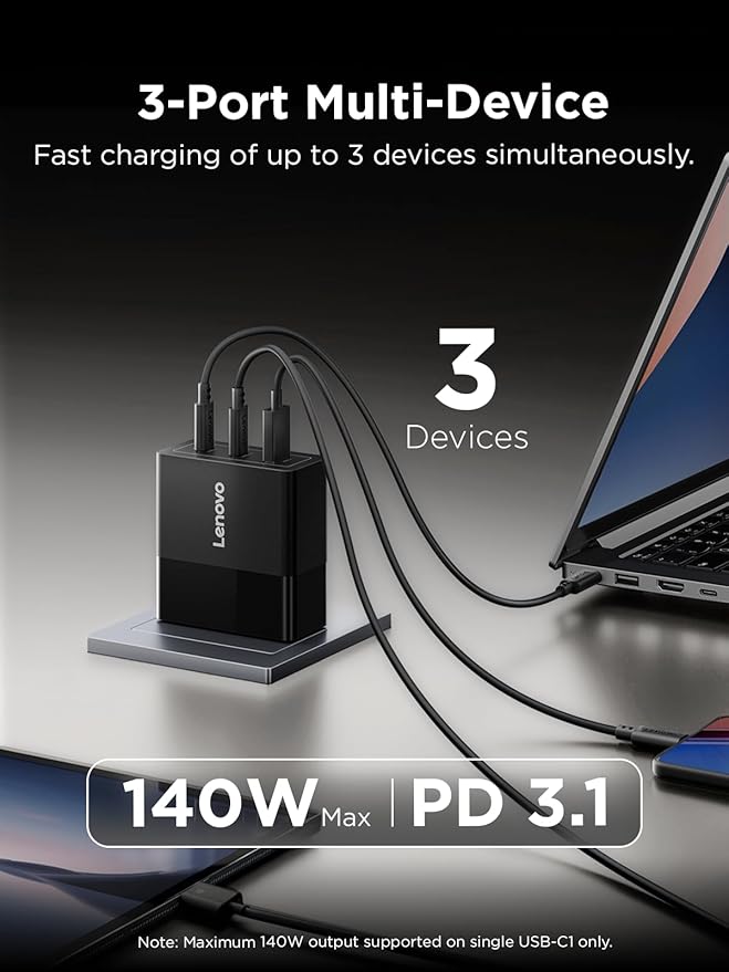 Lenovo 140W USB C Charger, GaN Power Adapter with 3-Port Fast Charging, PD 3.1 Compatible, Black, for ThinkPad, MacBook, iPhone, Samsung Galaxy, with 240W Cable