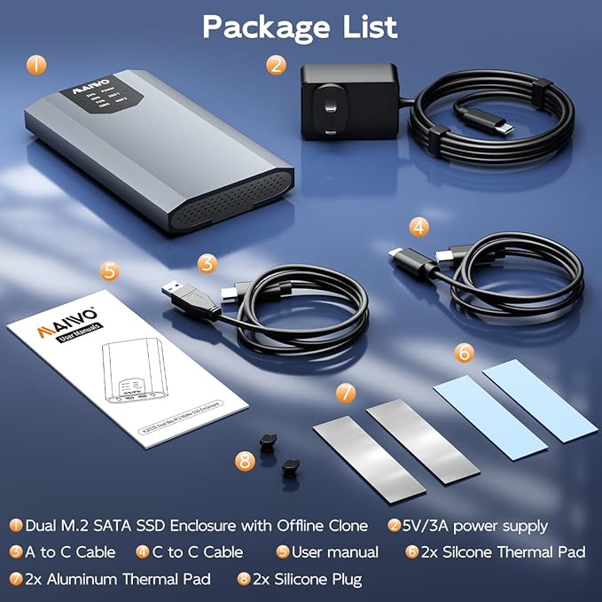 MAIWO Dual Bay M.2 SATA SSD Enclosure Cloner, USB3.1 Gen2 Type C 6Gbps B-Key/B+M Key Solid State Drive Reader for SSD Size 2230/2242/2260/2280