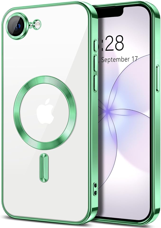 Hython Magnetic Clear for iPhone 17e Case with Camera Lens Protector [Compatible with MagSafe] Luxury Plating Edge Slim Soft TPU Cover Protective Phone Case for iPhone 17e 6.1", Light Green