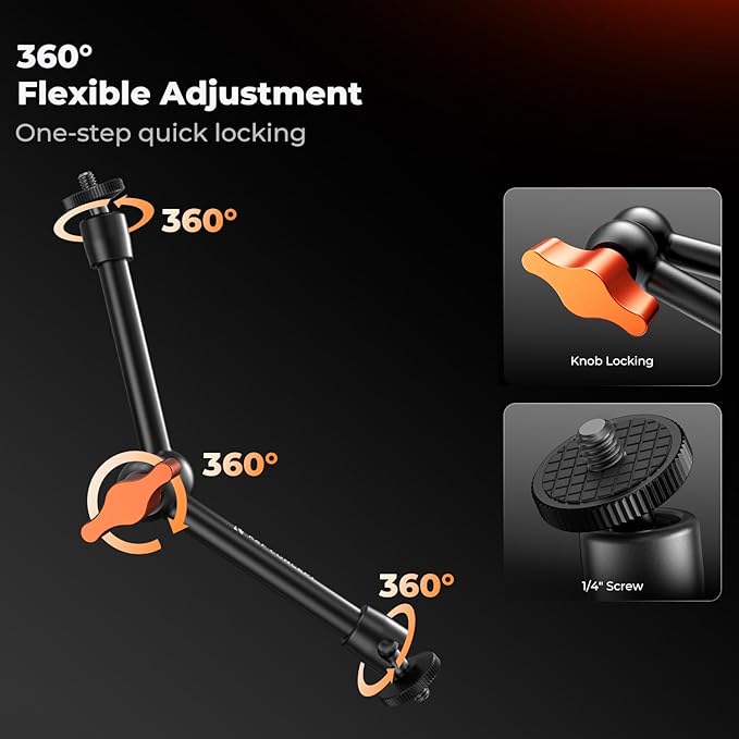 K&F CONCEPT 9.8" Magic Arm Clamp with Phone Holder, 360° Ball Heads Camera Arm Mount for Phone/LED Lights/Monitor/Flash/Microphone/DSLR Camera