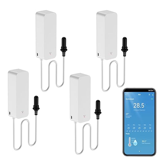 Smart Thermometer Hygrometer: WiFi Temperature Sensor with External Probe, Weather Function Thermometer Humidity Meter for Freezer, Aquarium, App Alert, Compatible with Alexa (Dual Detection 4PCS)