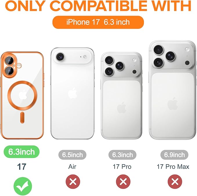 Hython Magnetic Clear for iPhone 17 Case with Camera Lens Protector [Compatible with MagSafe] Luxury Plating Edge Slim Soft TPU Cover Protective Phone Case for iPhone 17 6.3", Matte Orange