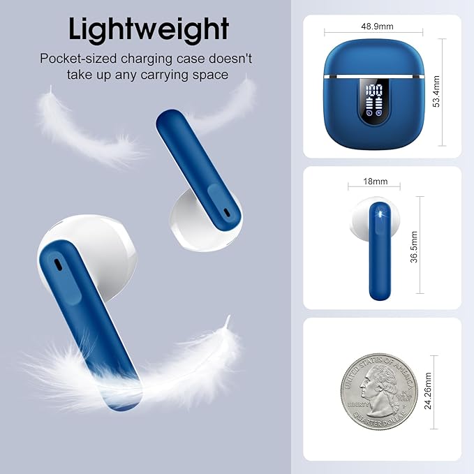 Wireless Earbuds, 2025 Bluetooth 5.4 Headphones in Ear buds, 40H HiFi Stereo Bluetooth Earbuds with 4 ENC Noise Cancelling Mics, IP7 Waterproof Ultralight Earphones with Dual LED Display USB C, Blue
