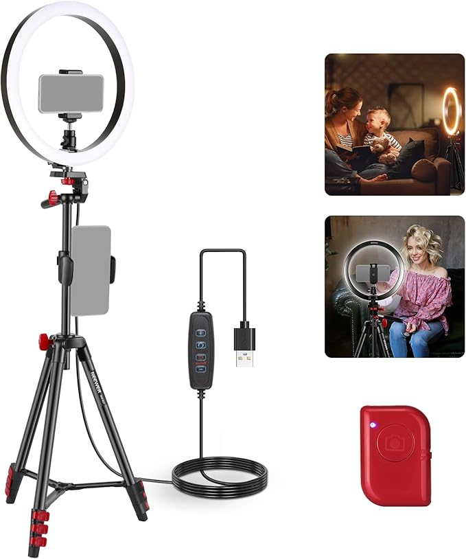 NEEWER Basics 10" Selfie Ring Light with Tripod Stand/2 Phone Holders Compatible with iPhone/QR Plate, Dimmable LED Ringlight Lighting for YouTube TikTok Vlog Video Recording Makeup Streaming, RP10-H