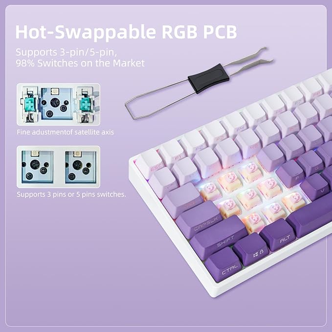 ZORNHER ZH100 Wireless Mechanical Keyboard,98% Purple Creamy Keyboard with Number Pad,Full Size Gaming Keyboard,Lighted Up PBT Dipped Keycaps,KKT Red Switches