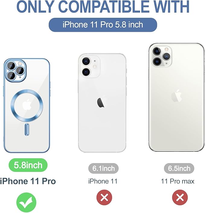 Hython Magnetic Clear for iPhone 11 Pro Case with Camera Lens Protector [Compatible with MagSafe] Luxury Plating Edge Slim Soft TPU Cover Protective Phone Case for iPhone 11 Pro 5.8", Light Blue
