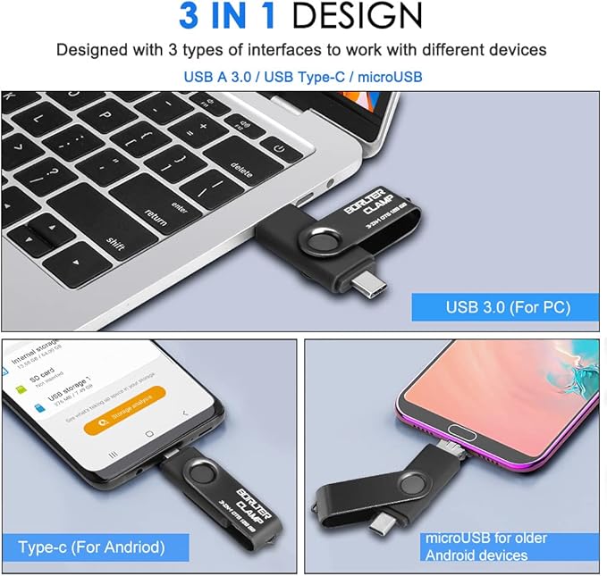 256GB 3 in 1 USB 3.0 Flash Drive Photo Stick for Android Phones, BorlterClamp OTG Memory Stick with 3 USB Ports (USB C, microUSB, USB A) for Samsung Galaxy, LG, Tablets, PC and More, Black
