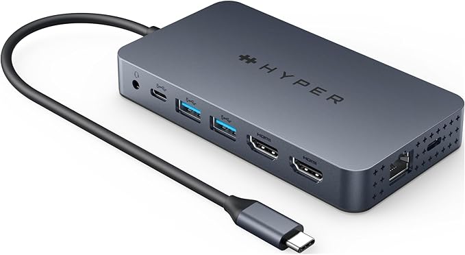 HyperDrive Dual USB C to HDMI 4K 60Hz, 10-in-1 Hub for 2-Monitor Extension, 100W Power Delivery Fast Charging, High-Speed Data Transfer, Compatible w/ M1, M2, M3, M4 MacBook, Windows, Chromebook
