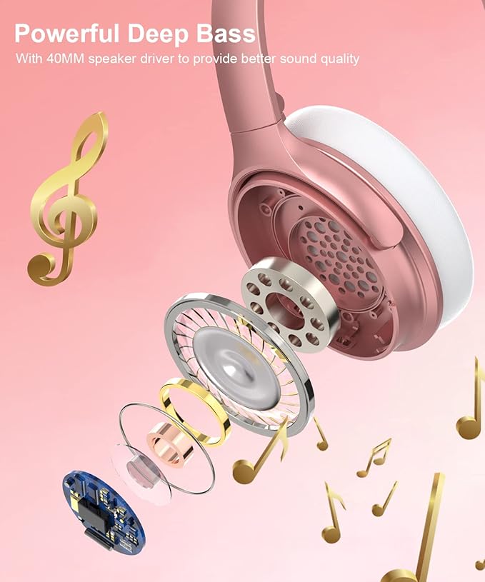 INFURTURE Pink Headphones Over Ear Headphones Active Noise Cancelling Bluetooth Headphones, Deep Bass Headset, Low Latency, 90H Playtime, Foldable Headphone for Sport Running Cool Gadgets Gift-H1