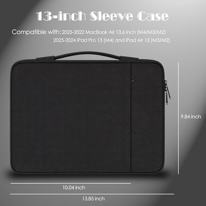 ProElife 13-Inch Laptop Sleeve Case for 2026-2024 MacBook Air 13.6 inch M5/M4 Chip & MacBook Neo 13'' A18 Pro/iPad Pro M5 13-inch Accessory Traveling Water-resistant Bag Portable Carrying Case (Black)