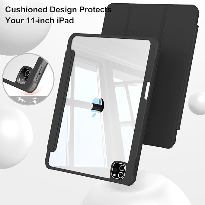 JKSML Case for iPad Pro 11, Case with Pencil Holder for iPad Pro 11 Inch 4th/3rd/2nd Generation 2022/2021/2020, Transparent Protective Cover for iPad Pro 11, Supports Pencil 2 Charging, Black