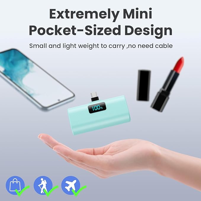 [2-Pack]Small Portable Charger 5200mAh,Upgraded PD USB C Power Bank Built-in USB-C Connector,LCD Display Battery Pack for iPhone 15/15 Plus/15 Pro/15 Pro Max/Samsung Android(Pink+Green)