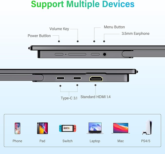 InnoView 2K Portable Monitor 15.6" QHD 100% sRGB, Built-in 180° Adjustable Stand Travel Monitor USB C Standard HDMI Ultra-Slim Portable Monitor for Laptop MacBook Phone PS Xbox Switch