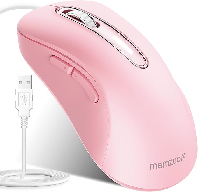 memzuoix Wired Mouse, USB Computer Mouse 1400 DPI Mobile Optical Mouse Ergonomic Design Computer Mice with 5FT Cord for Laptop, PC, Desktop, MacBook, 5 Buttons (Pink)