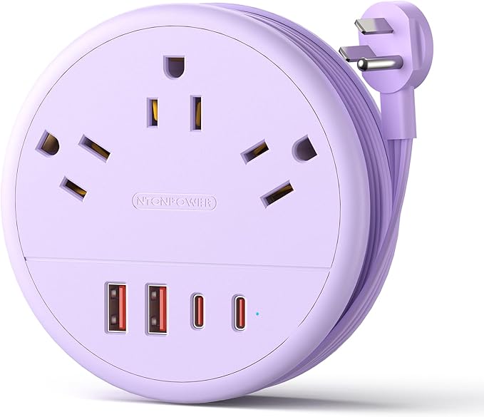 NTONPOWER Purple Travel Power Strip 20W, Travel Essentials, Cruise Essentials 2026 3 Outlets 4 USB Ports(2 USB C), 4FT Wrapped Around Extension Cord for Travel Cruise Ship Beach Vacation Essentials