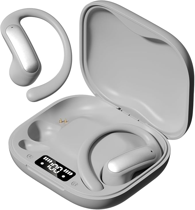 TINGER Open Ear Bluetooth Headphones 5.4 - IPX5 Waterproof Wireless Sports Earbuds,18H Playtime with Digital Power Display, Ultra-Light Weight Design for Cycling/Running/Gym (Silver)
