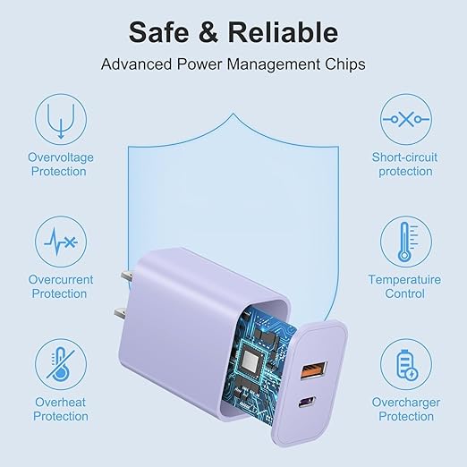 iPhone 16/15 Charger, USB C [3 Pack] Dual Port QC + PD Wall Charger Block With USB A Quick Charging Brick Plug for Apple iPhone 16/16 Pro Max/16 Plus/15/14/13/12/11/X/iPad - Purple