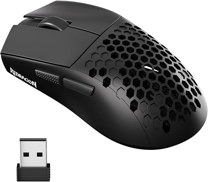 Redragon M725 Honeycomb Shell Gaming Mouse Wireless, Ultra Lightweight 49g, 8000 DPI Tri-Mode BT5.1/2.4GHz/Type-C Wired Gamer Mouse with 2 Side Buttons, Macro Programmable for PC/Mac/Laptop, Black
