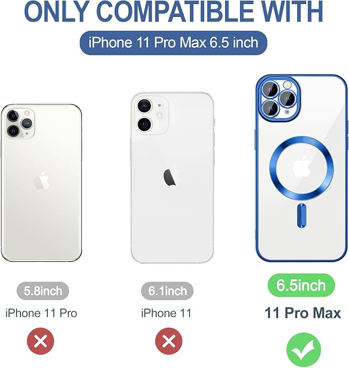 Hython Magnetic Clear for iPhone 11 Pro Max Case with Camera Lens Protector [Compatible with MagSafe] Plating Edge Slim Soft TPU Cover Protective Phone Case for iPhone 11 Pro Max 6.5", Deep Blue