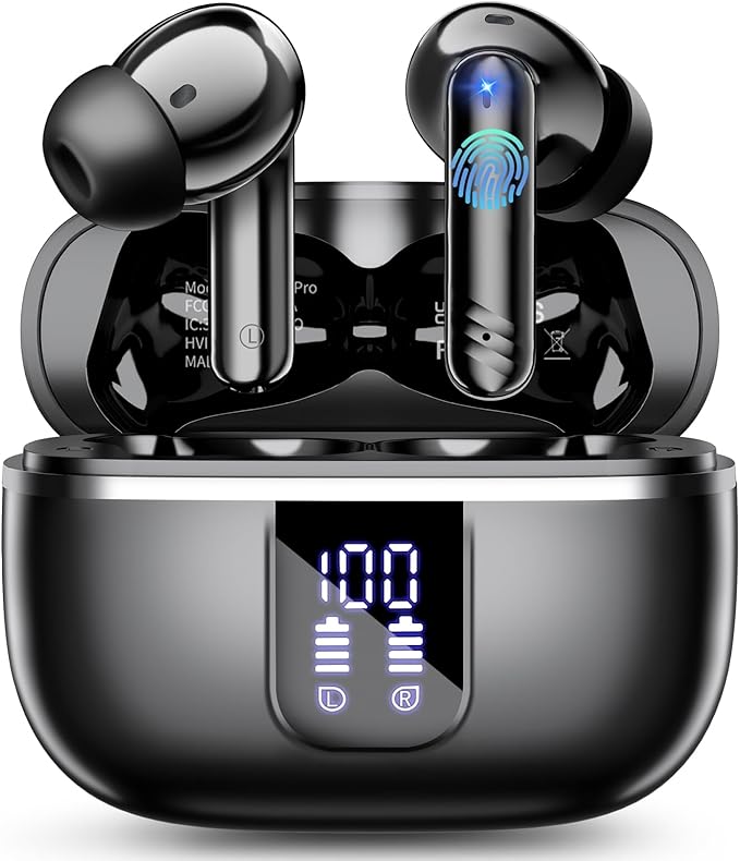 Wireless Earbuds, Bluetooth 5.4 Headphones with 4 Noise Cancelling Mic, 46H In-Ear Buds with 3D Bass Stereo Sound, Small Ears, LED Display, Calls Sports Workout, IPX7 Earphones for Android iOS, Black
