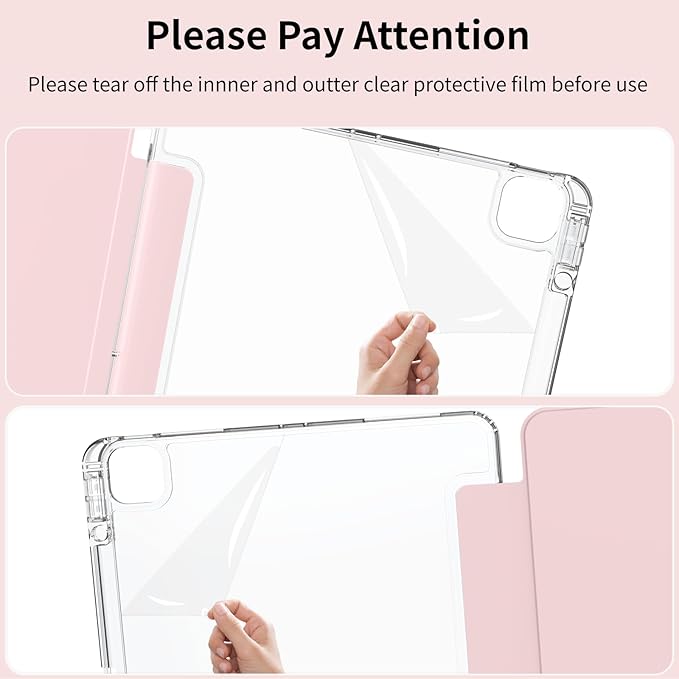 Clear Case for iPad Pro 12.9 inch 6th/5th/4th/3rd Gen with Pencil Holder [Support Pencil Charging] Auto Wake/Sleep, Lightweight Shockproof Trifold Stand Transparent Hard PC Back Cover, Pink-2