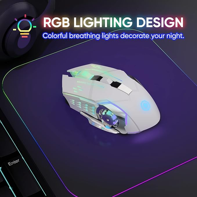 MELOGAGA Wireless Gaming Mouse Bluetooth Mouse RGB Rechargeable 2.4G USB Cordless Computer Mice with 7 Color Backlit, 6 Buttons & Silent Click for Laptop, iPad, Mac OS, PC, Windows -White