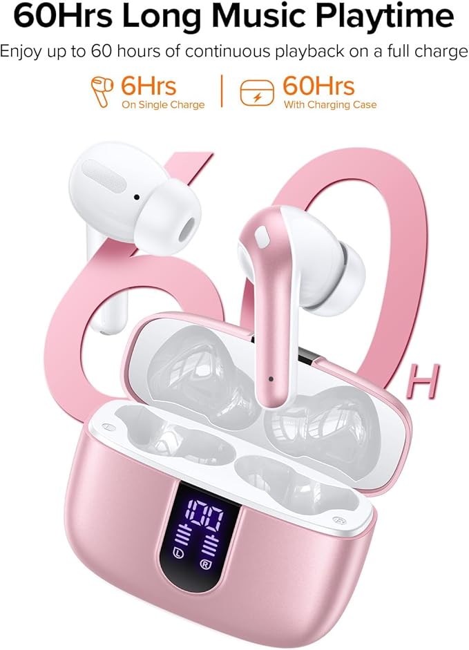 TAGRY Bluetooth Headphones True Wireless Earbuds 60H Playback LED Power Display Earphones with Wireless Charging Case IPX5 Waterproof in-Ear Ear buds with Mic for TV Smart Phone Laptop Computer Sports