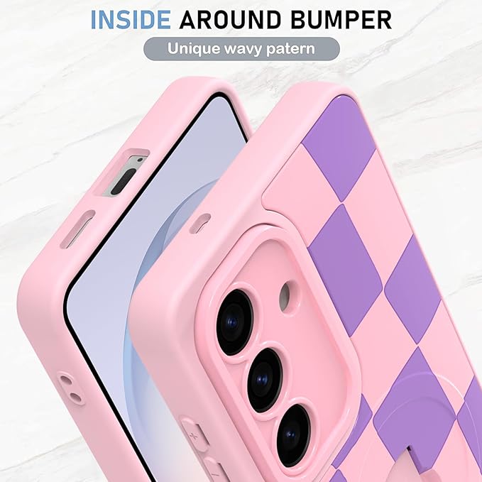 KANGHAR Compatible with Samsung Galaxy S26 Case, Support for MagSafe, Silicone Checkered Cute Pattern, Wristband Kickstand Camera Protection Soft Slim Cover for Girls Women -Pink