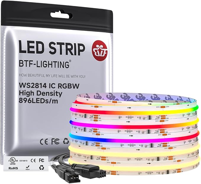 BTF-LIGHTING FCOB COB LED Strip WS2814 Smart IC RGBW 3000K, UL Listed 896LEDs/m High Density Color Chasing Uniform Light, DC24V 16.4FT 12mm Width for Home Party DIY Decor(No Adapter or Controller)