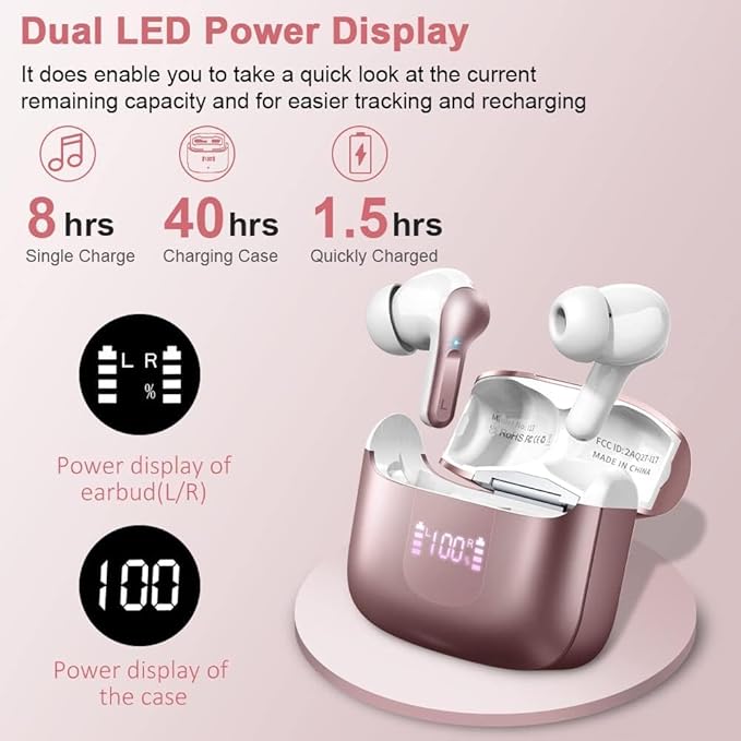 Wireless Earbuds, Bluetooth 5.3 Headphones 2025 NEW Ear Buds 40H Bass Stereo in-Ear Earphones ENC Noise Cancelling Earbuds with 4 HD Mic, USB-C LED Display IP7 Waterproof Sport Headset for Android iOS