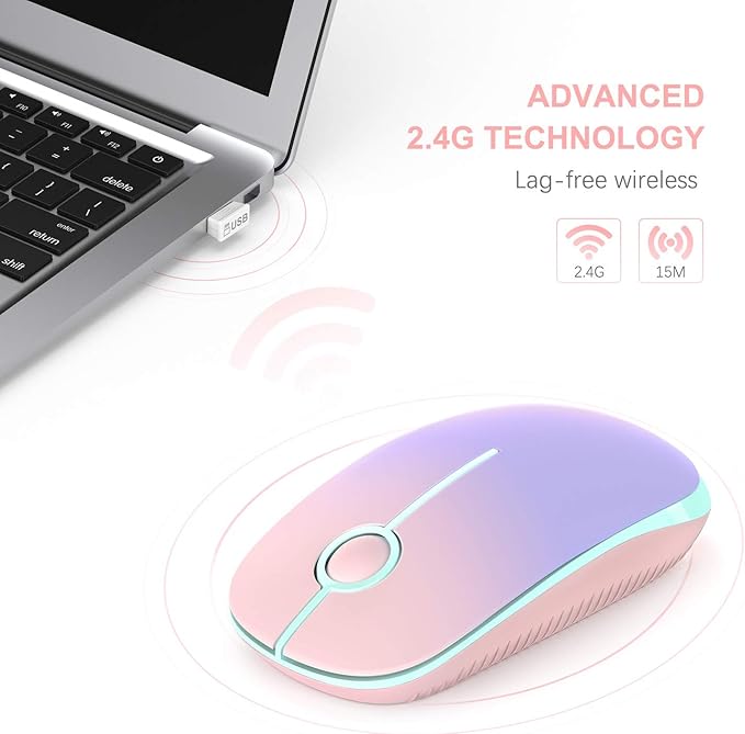 Unipows Wireless Mouse - 2.4G Slim Portable Computer Mouse with Nano Receiver, Less Noise Mobile Optical Mice for Notebook, PC, Laptop, Computer, Mac (Gradient Pink to Purple)