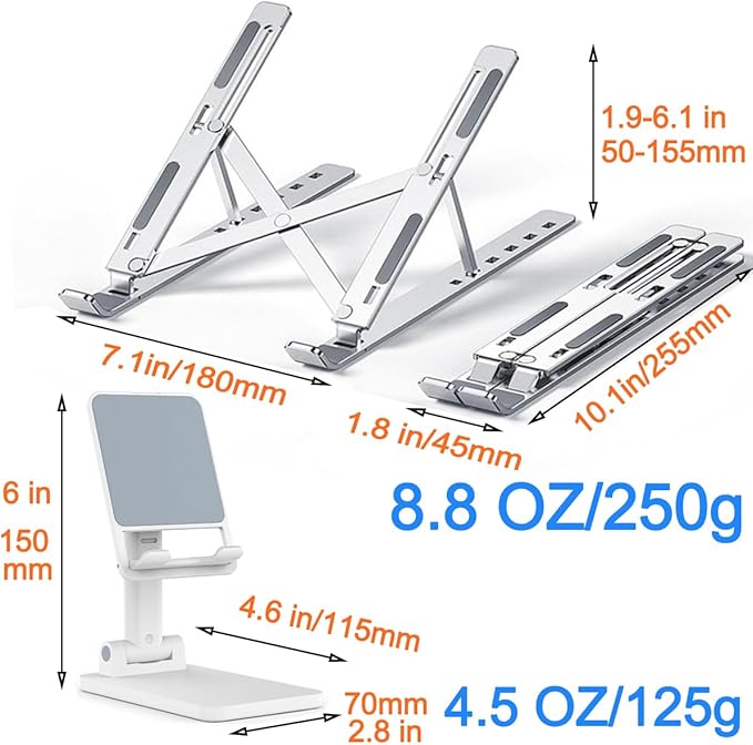 KLAQQED Portable Aluminum Laptop & Phone Stand, Adjustable, Foldable, Ergonomic, for MacBook, iPad, Tablets & Smartphones, Office Desk Accessories