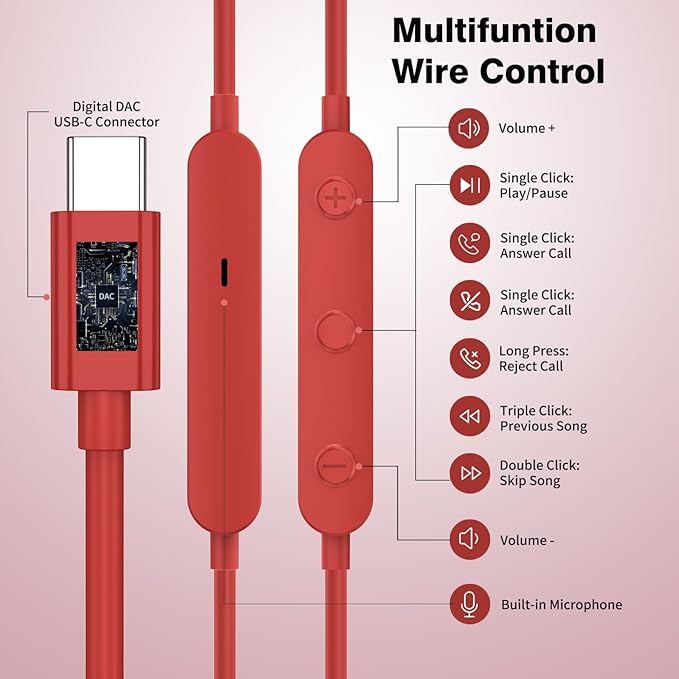 APETOO USB C Headphones for iPhone 17/16/15 Wired Earbuds for Samsung Galaxy S26/S25/S24/S23/S22 Magnetic Noise Isolating in-Ear Type C Earphones with Mic Volume Control for iPad 10/Pixel/Android, Red