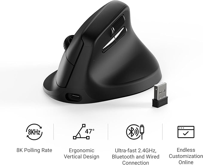 Keychron M5 Wireless Ergonomic Mouse, 8000Hz Tri-Mode 2.4 GHz/Bluetooth 5.1/Wired, PixArt 3950 Sensor, 30000 DPI, Ergonomic Lightweight Programmable Macro Button for Windows PC/Mac - Black