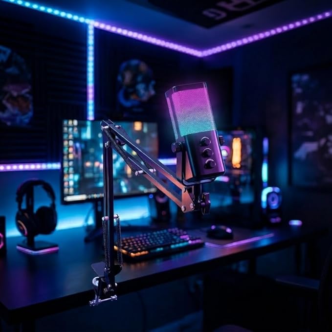 M7 USB Gaming Microphone with Boom Arm - Professional RGB Condenser Mic for PC/PS5 - Triple-Knob Control (Mic Gain, Headphone Vol, Monitor Mix) - Zero Latency Streaming Kit Mic Black