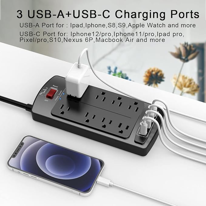 10 Feet Surge Protector Power Strip - Nuetsa Extension Cord(1625W/13A) with 8 Outlets and 4 USB Ports, Flat Plug, 2700 Joules, for Home, School, College Dorm Room, and Office, ETL Listed, Black